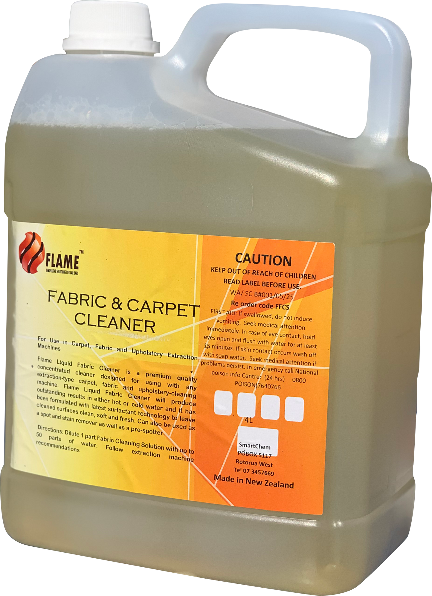 FLAME fabric and carpet cleaner 4L, upholstery and carpet extractor solution, front view