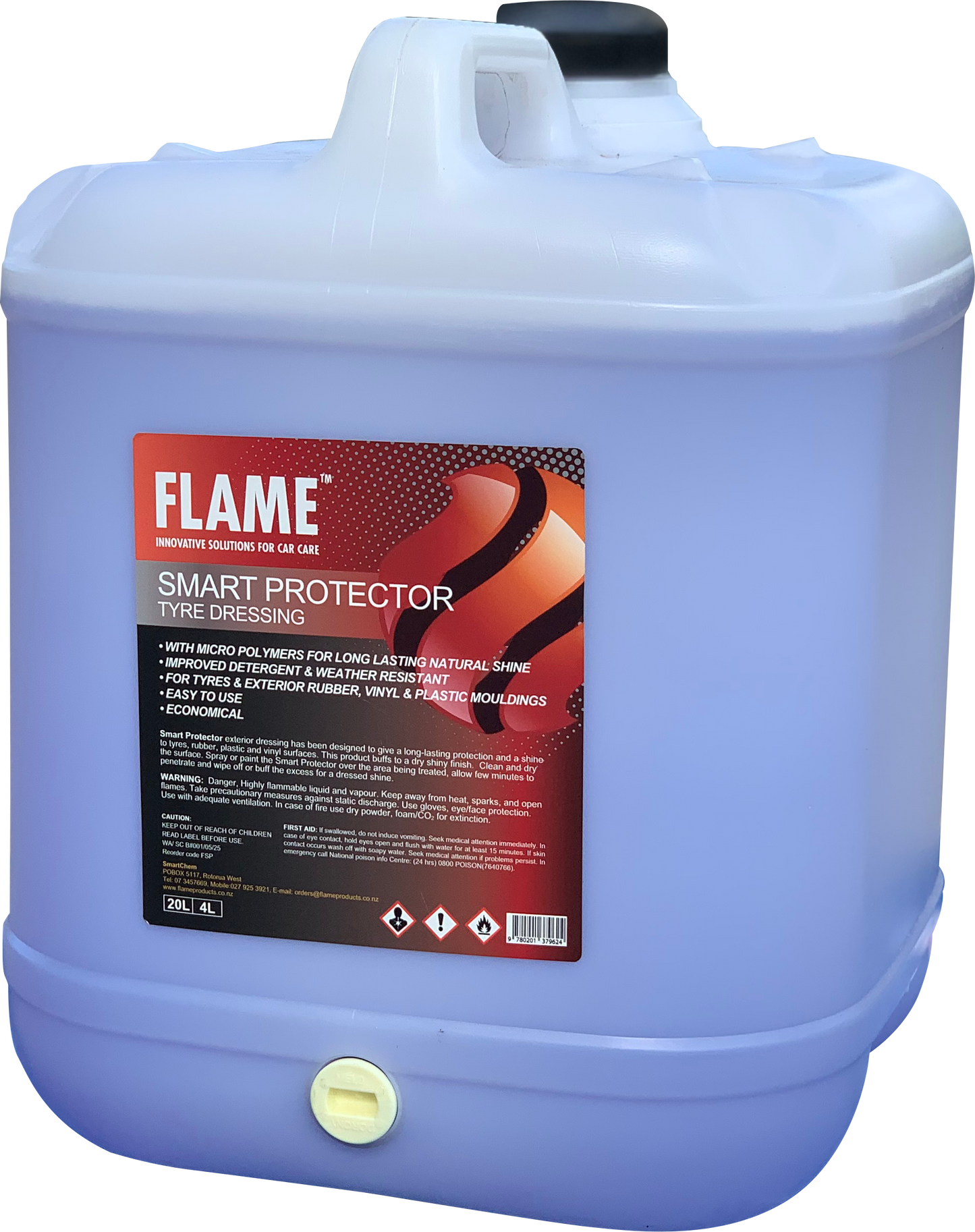 FLAME Smart Protector tyre dressing 20L container with tap, front view