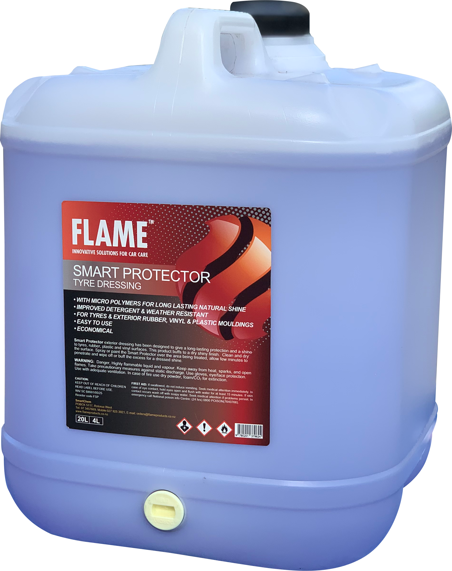 FLAME Smart Protector tyre dressing 20L container with tap, front view