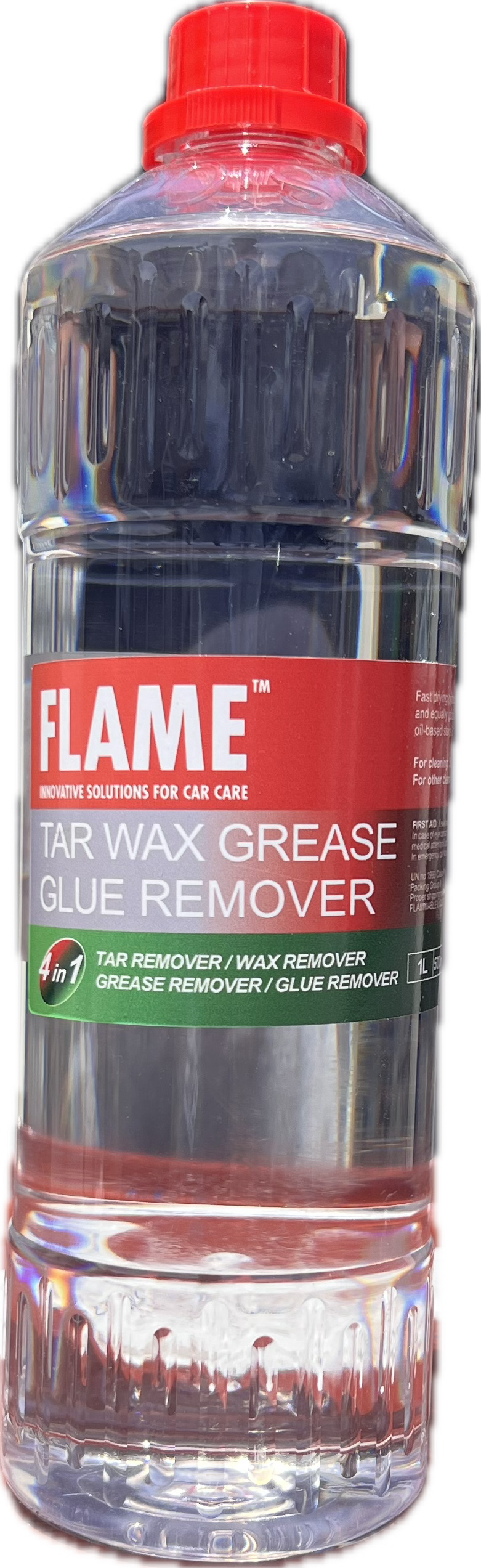 FLAME Tar Wax Grease & Glue Remover 1L bottle, front view