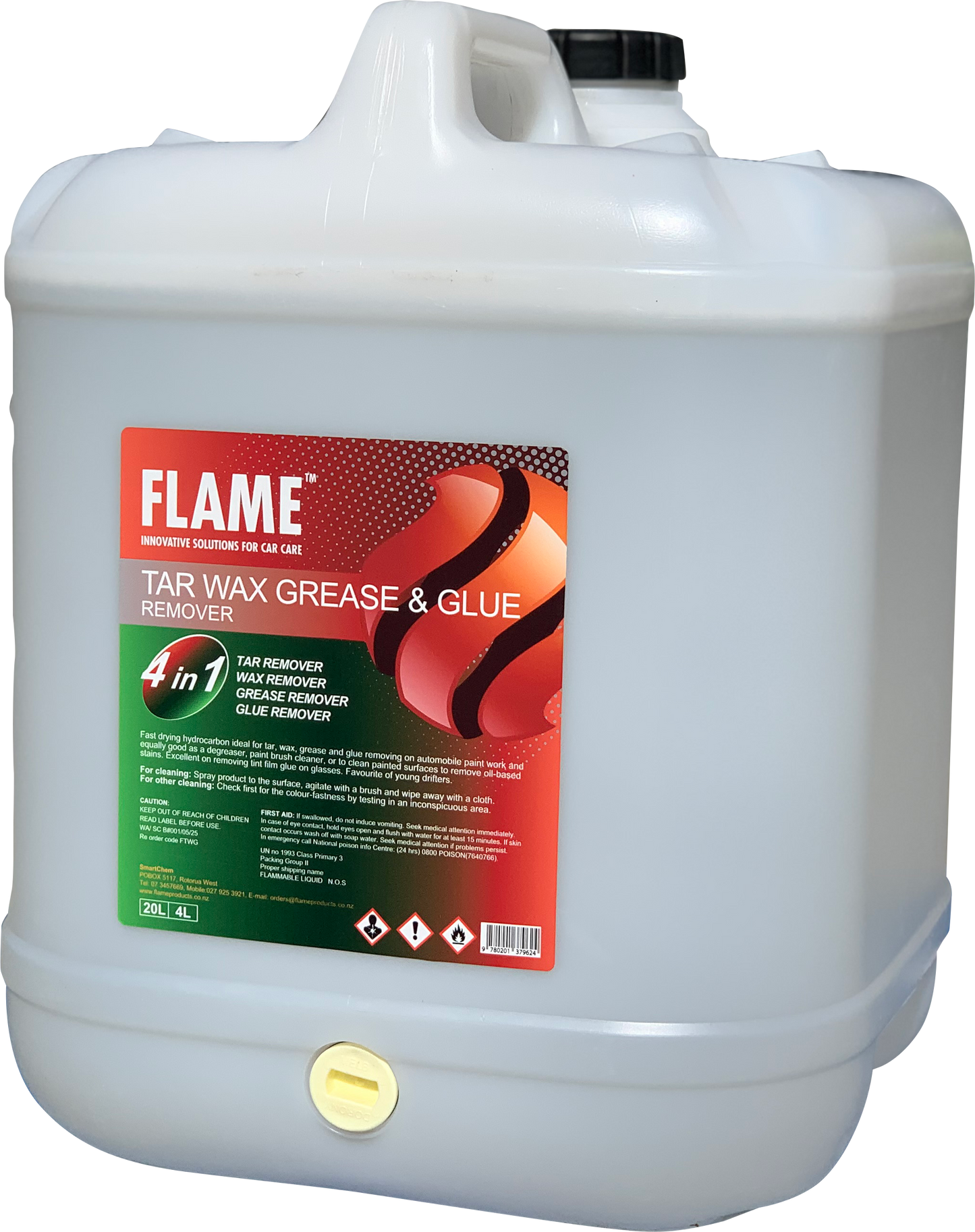 FLAME Tar Wax Grease & Glue Remover 20L container with tap, front-left view