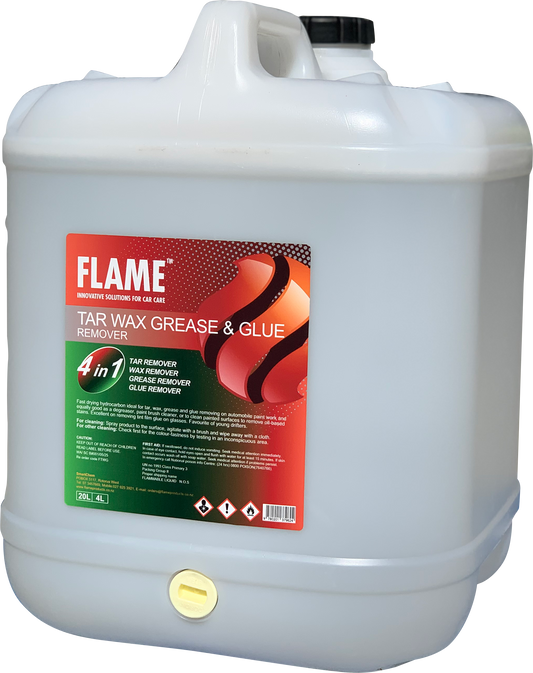 FLAME Tar Wax Grease & Glue Remover 20L container with tap, front-left view