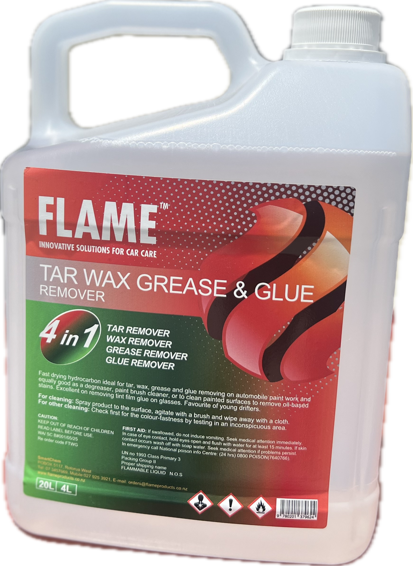 FLAME Tar Wax Grease & Glue Remover 4L jug, front view