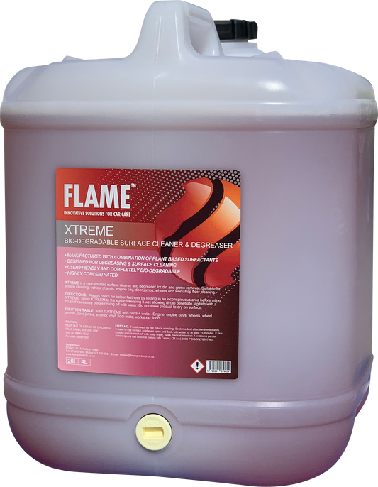 FLAME Xtreme surface cleaner and degreaser 20L container with tap, front view